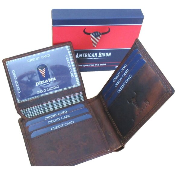 Men's Distressed Leather American Flag Bifold Brown Embossed Leather Wallet NIB - Picture 2 of 6